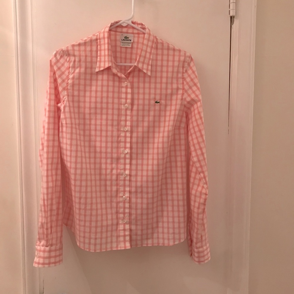 Lacoste pink and white check button down blouse